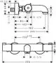 Thermostatarmatur von Hansgrohe mit verschiedenen Anschlüssen und Abmessungen, zeigt schematische Darstellungen sowie Montage- und Maßangaben.
